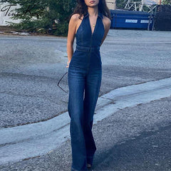 Lizakosht Sexy Slim Denim Romper Women's Jumpsuit 2021 Autumn Halter Straight High Waist Jumpsuits Female Elegant Lady Party Club Rompers