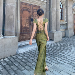 Elegant Women Green Satin Backless Mixi Dress Palace Short Sleeve Lace V-Neck Bandage Vintage Bodycon Dress Robe Summer Vestidos