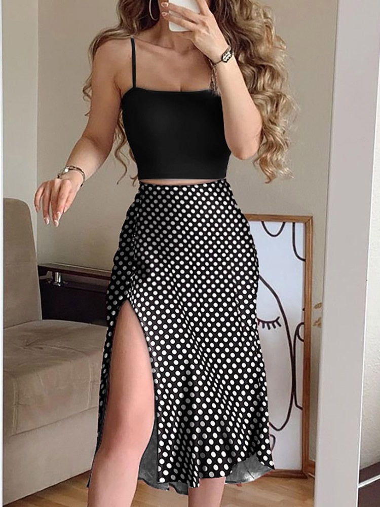 Lizakosht Summer Two Piece Set Women Skirt Ladies Elegant Camisole + Buttons High Split Solid Skirt Suits Femme Sexy Clubwear Outfits