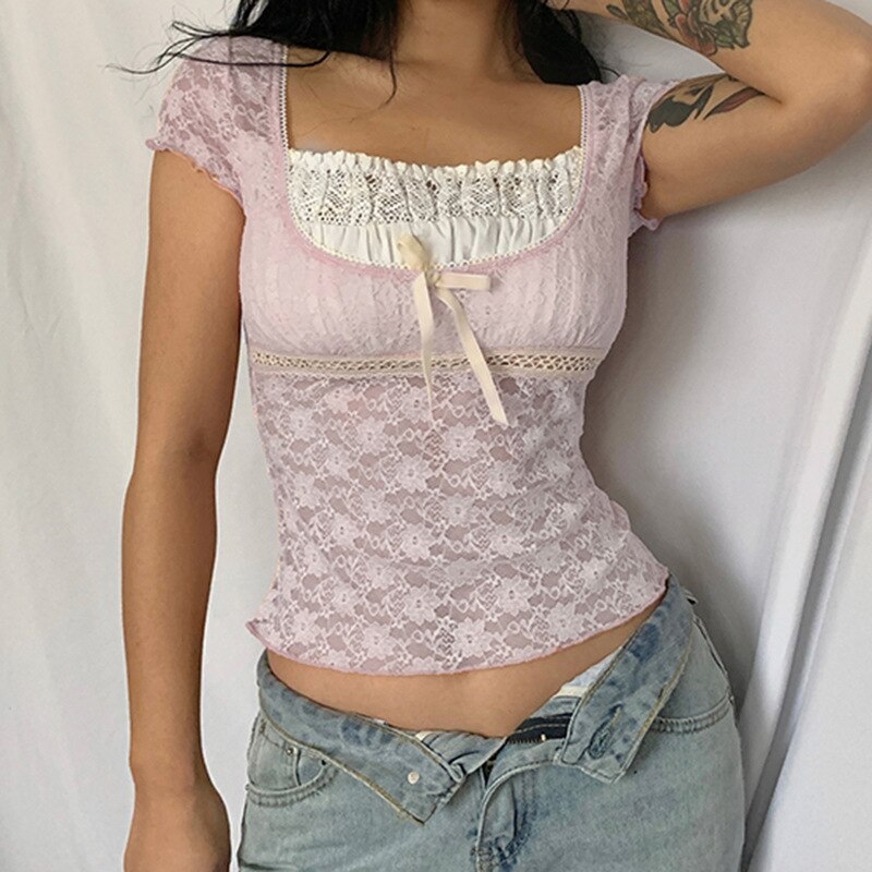 Lizakosht Women's T-Shirt Sweet Girly Pink Lace Splicing Pullover Short Top French Square Neck Tie Slim Fit