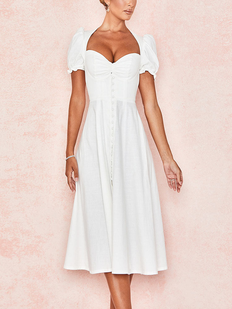 Summer Leisure Time Pure Color Dresses Front Open Button Straight Neck Bubble Short Sleeve Slim Fit White Elegant Long Dress