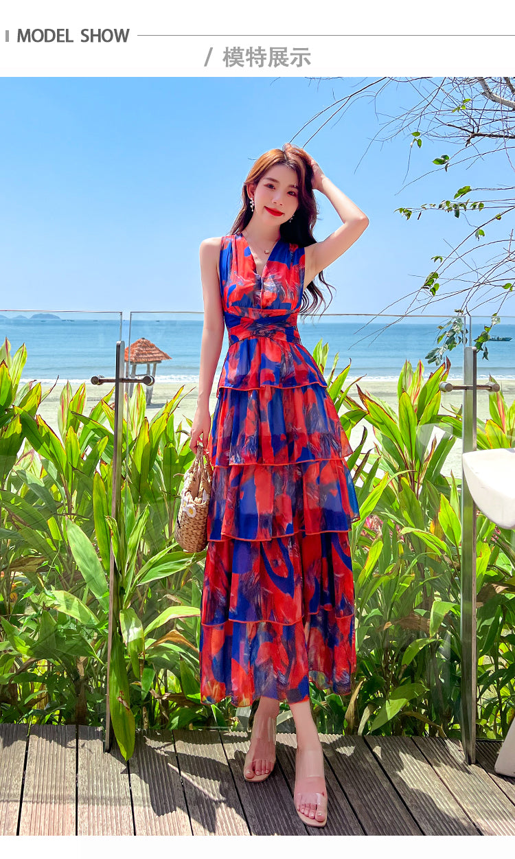 Lizakosht  Summer Backless Beach Long Maxi Dress Vintage Cascading Ruffles Deep V Neck Sexy Floral Print Party Dress Sleeveless Design F242