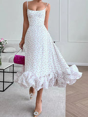Lizakosht Printed Ruffles Suspended Dress Women Fashion Sleeveless Backless Flower A-line Dresses Summer Female Elegant Robes