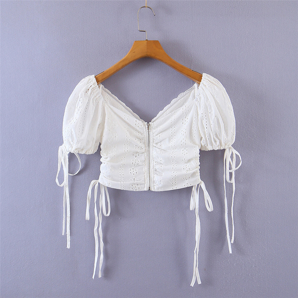 Elegant white lace top short sleeve korean fashion blouses for women 2022 Summer backless top ruched puff sleeve top cotton