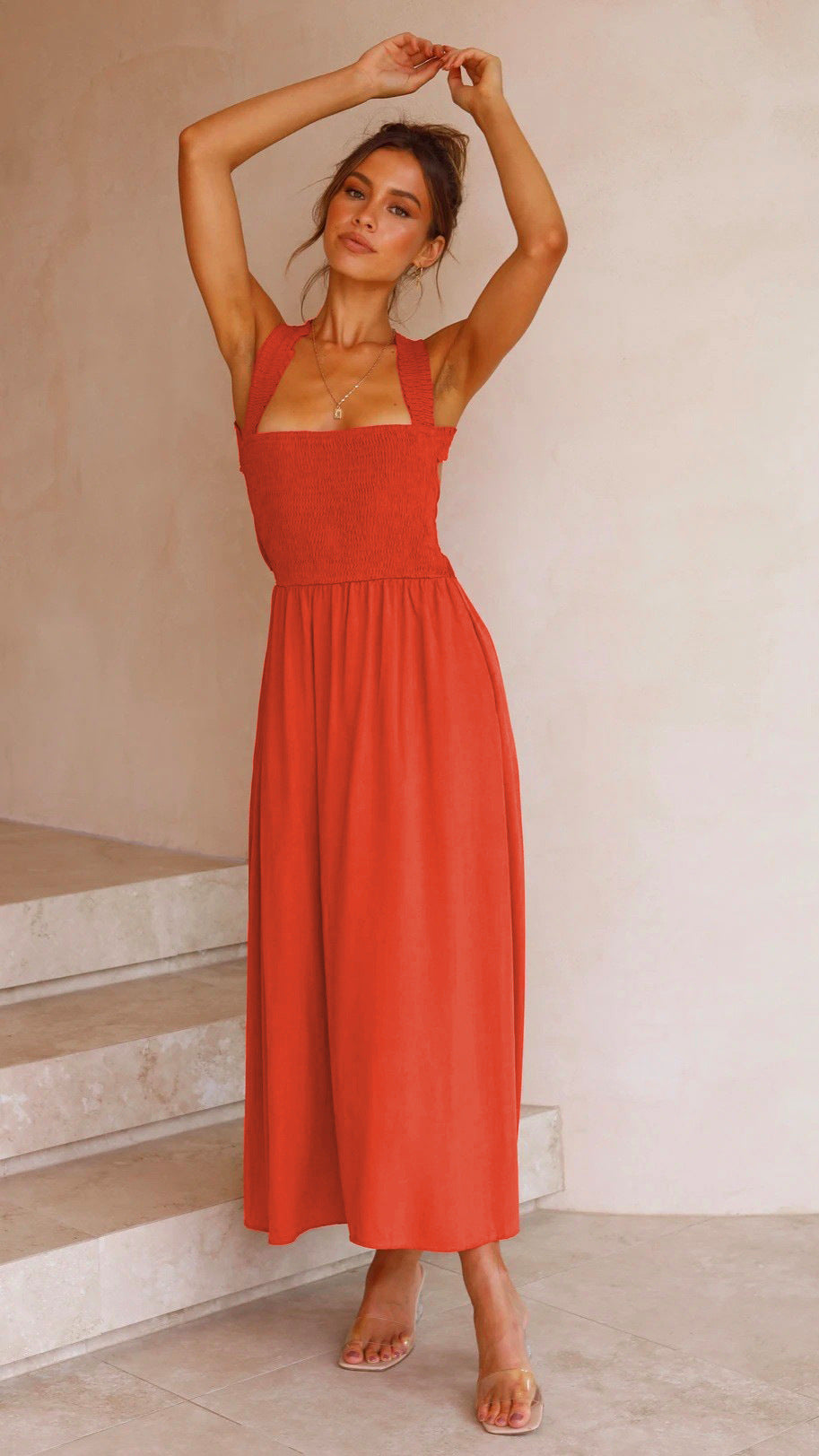 Casual Summer Dress Women Solid Color Fashion Backless Halter Cotton Long Elegant Linen Orange Maxi Dresses Female 2022 Vestido