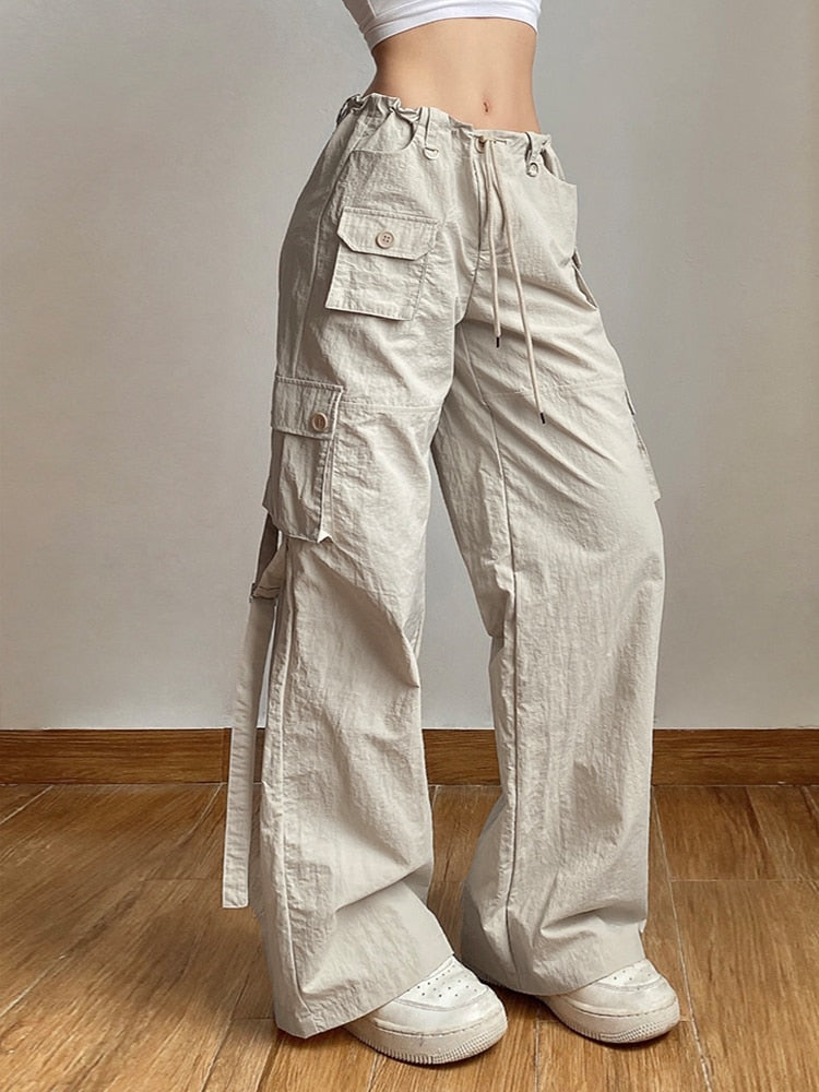 Lizakosht Fashion Pocket Patchwork Straight Pants Light Khaki Low Rise Baggy Casual Cargo Pants for Women Harajuku 2000s Jogging Overalls