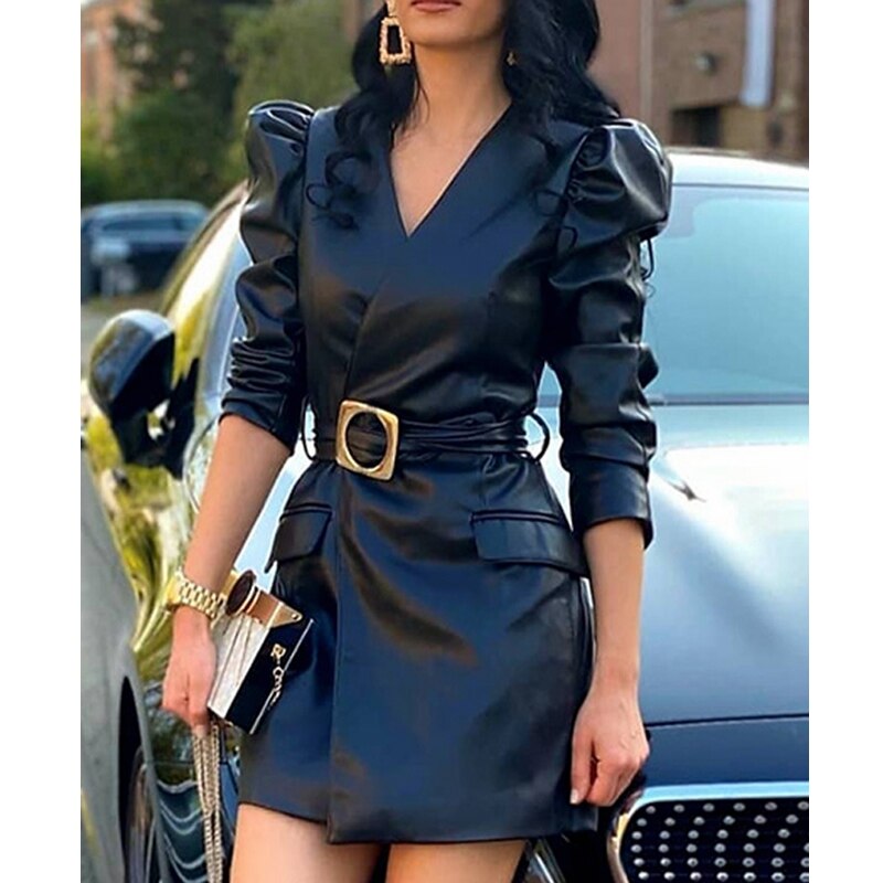 Lizakosht Women's PU Office Dress Women's Sexy Slim Belt High Waist Slim Dress Fashion Puff Sleeve V-neck Solid Color Dress