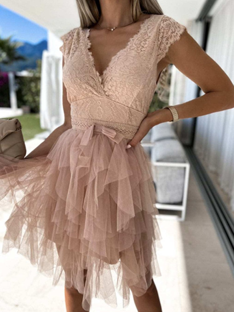 Lizakosht  Women Sexy V Neck Mini Dress Elegant Embroidery Crochet Lace Patchwork Double Ruffle Short Dress Summer Sleeveless Party Dresses