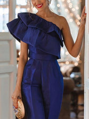 Lizakosht  Sexy Skew Collar Ruffles Straight Romper Elegant Solid Off Shoulder Office Playsuits Women Fashion Backless Pocket Slim Jumpsuit