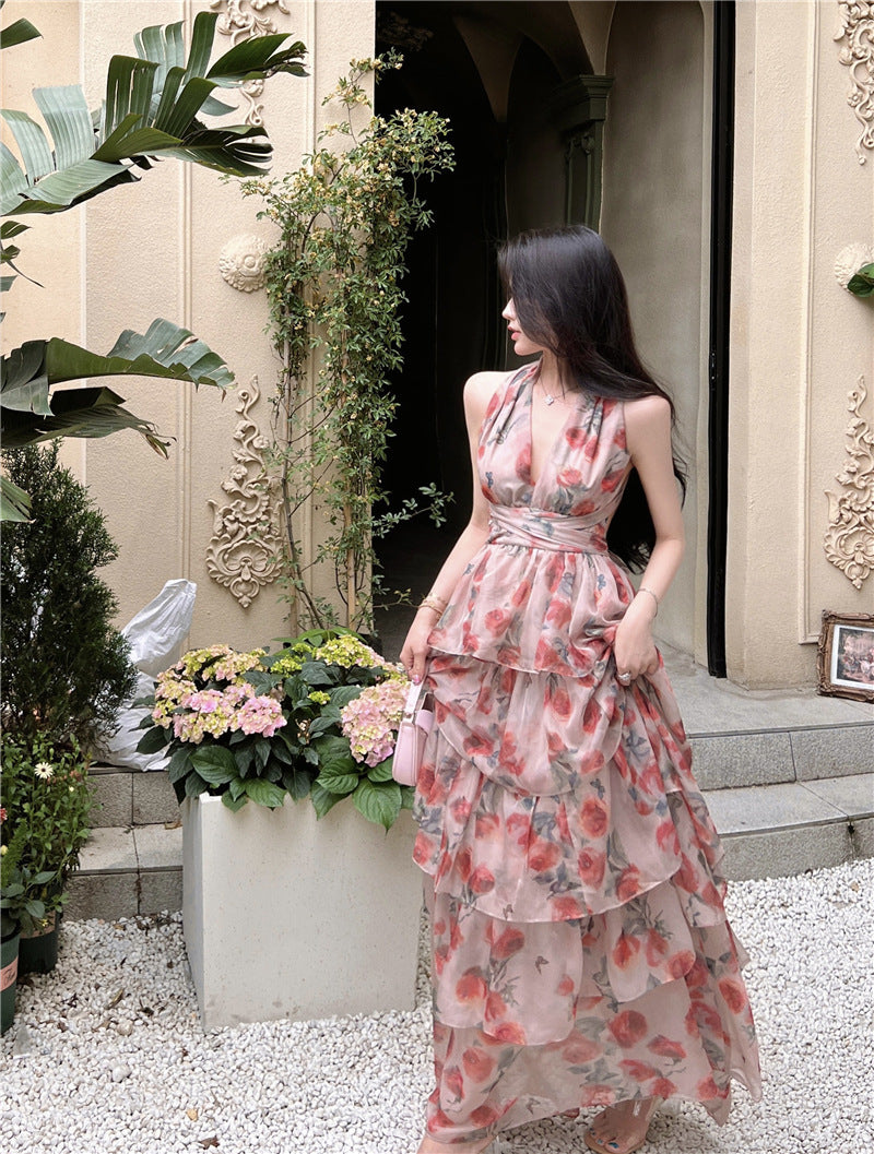Lizakosht  Summer Backless Beach Long Maxi Dress Vintage Cascading Ruffles Deep V Neck Sexy Floral Print Party Dress Sleeveless Design F242
