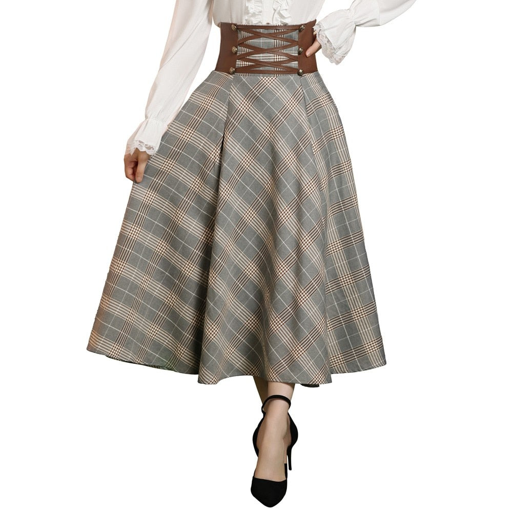 SD Womens Plaid Skirts Vintage Renaissance Corset Waisted Skirt High Waist Buttons Elegant Beach Harajuku Long A-Line Skirt