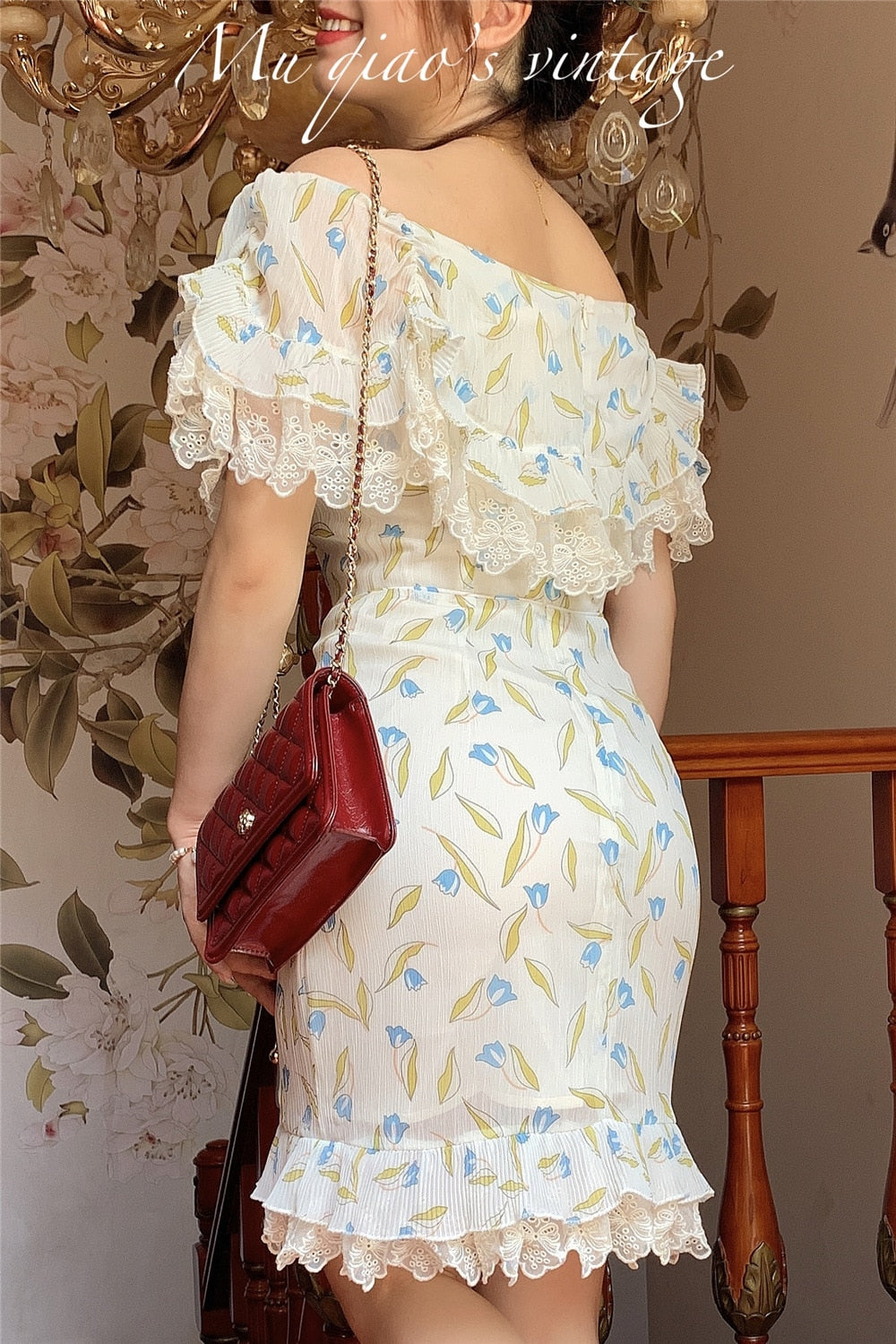Lizakosht Dress For Women Vintage Elegant Slim Sexy Lace Slash Neck Floral Print Mini Dress Korean Fashion Summer Chiffon Bodycon Dress