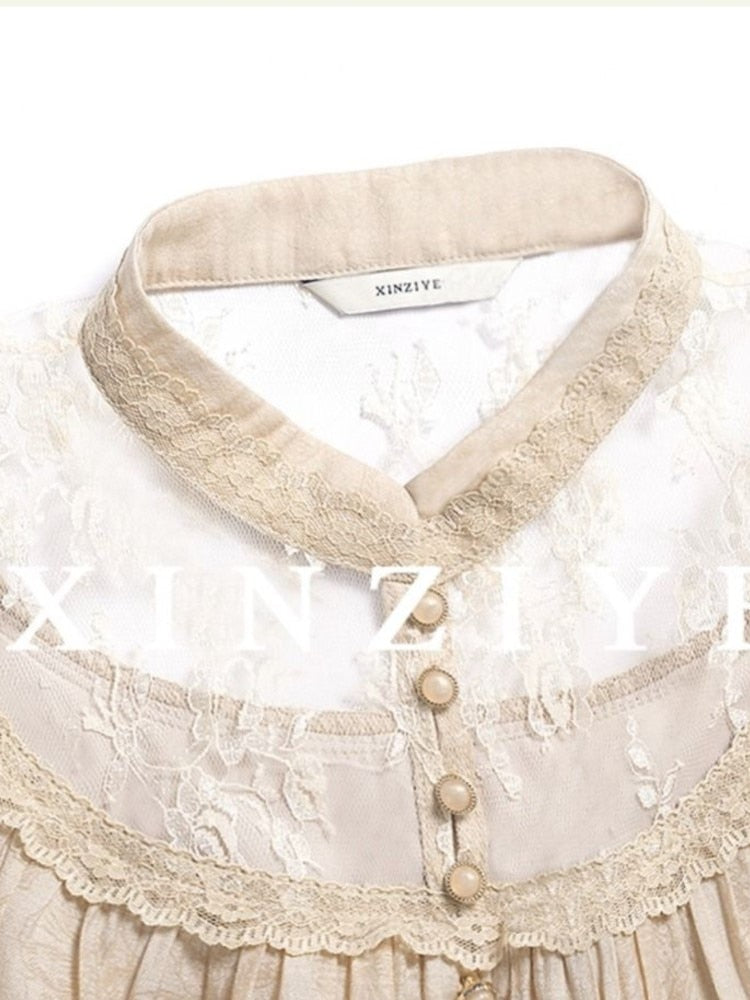 Lizakosht Elegant French Blouse Women Temperament Sweet Ruffles Loose Patchwork Tops Lady Vintage Hollow O-neck Long Sleeve Sweet Shirts