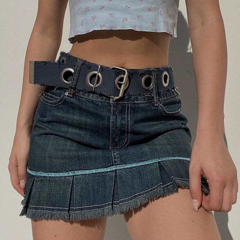 Lizakosht Y2k Vintage Belt Pleated skirt Girl Denim street clothes Trendy Mini skirt Harajuku Korean trendy skirt punk fashion 90s