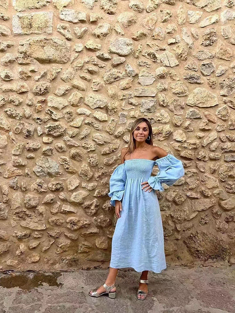 Lizakosht Women New Vintage Style Square Collar Long Puff Sleeve Off the Shoulder Lady Linen Midi Dress