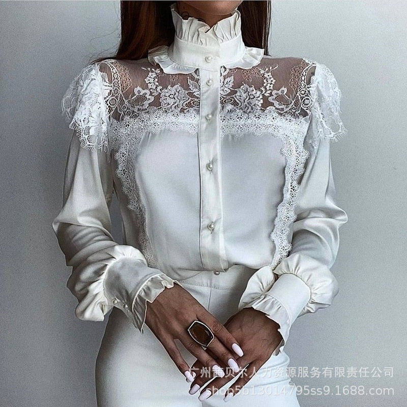 Lizakosht Elegant Lace Shirt Top for Women Sexy Y2K INS Clothes Long Lantern Sleeve Stand Collar Single Breasted Ruffle T-shirt