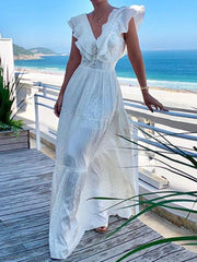Lizakosht White V-neck Long Dress Women Elegant Sexy Slim Dress Fashion Tunic Flying Sleeve Maxi Dress Lady Casual Chic Party Prom Dress