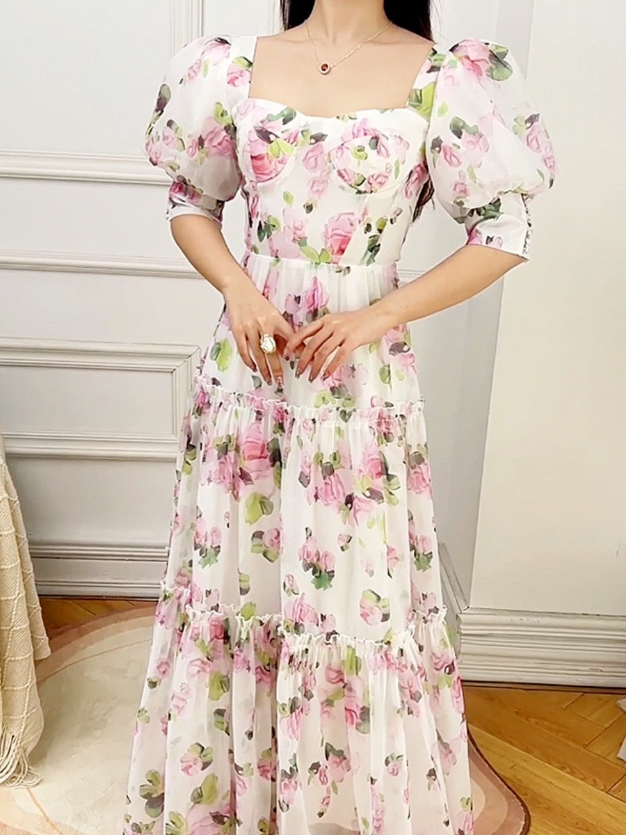 Lizakosht The French court is gentle and shoulders, wearing a light luxury niche big skirt, bubble princess sleeve tea break printed dress