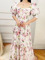 Lizakosht The French court is gentle and shoulders, wearing a light luxury niche big skirt, bubble princess sleeve tea break printed dress