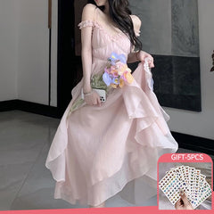 Elegant Strap Sleeveless High Waist Dresses For Women 2022 Summer Pink Sweet Fairy Dress Women Korean Fashion Party Dress