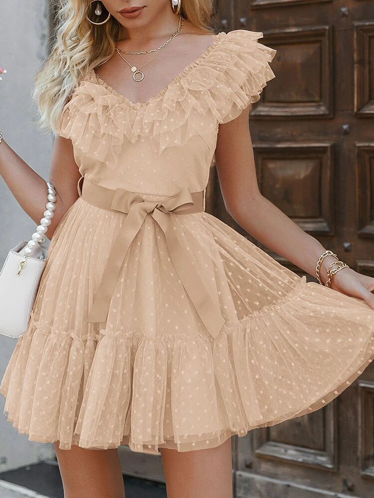 Lizakosht  Women Solid Ruffle Lace-up Sleeveless Dress Elegant V-Neck Lace Pleated A-Line Party Dress New Summer Vintage Chic Mini Dresses