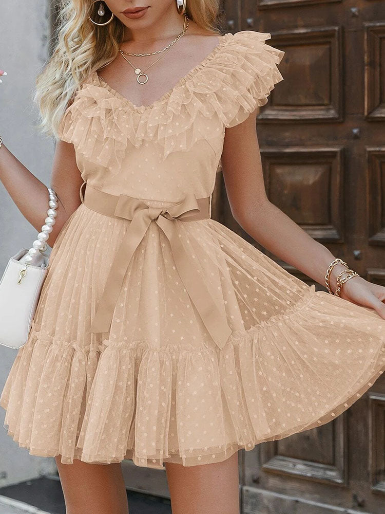 Lizakosht  Women Solid Ruffle Lace-up Sleeveless Dress Elegant V-Neck Lace Pleated A-Line Party Dress New Summer Vintage Chic Mini Dresses