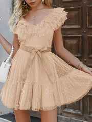 Lizakosht  Women Solid Ruffle Lace-up Sleeveless Dress Elegant V-Neck Lace Pleated A-Line Party Dress New Summer Vintage Chic Mini Dresses