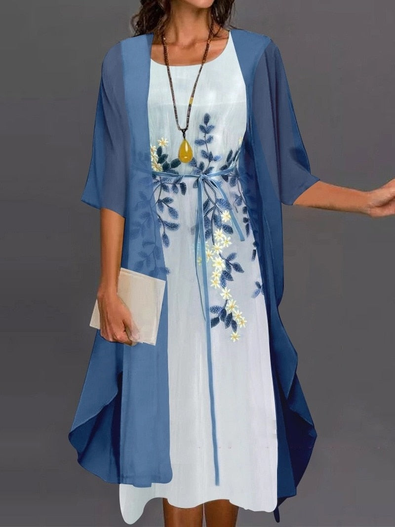 Spring Summer Women Sleeveless Dress Chiffon Irregular Coat Two Piece Set 2022 Lace Printed A-LINE O-Neck Casual Dresses
