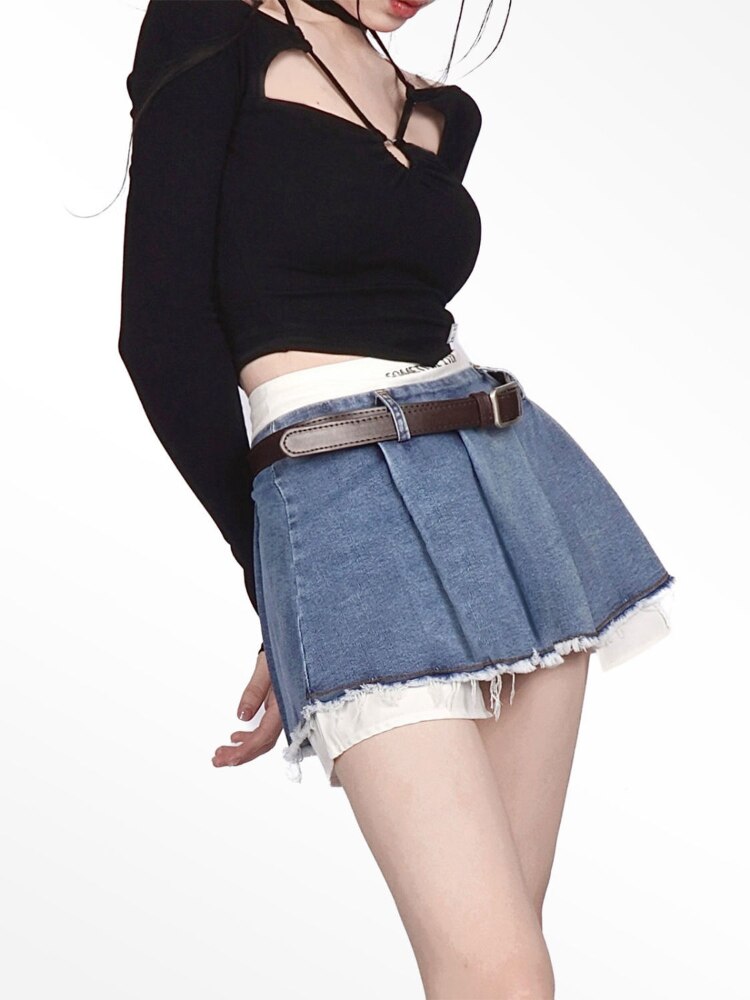 HOUZHOU Sexy Korean Denim Micro Skirt Women Summer Y2K High Waist Irregular Patchwork Fake Two-piece Belt Mini Skirt Streetwear