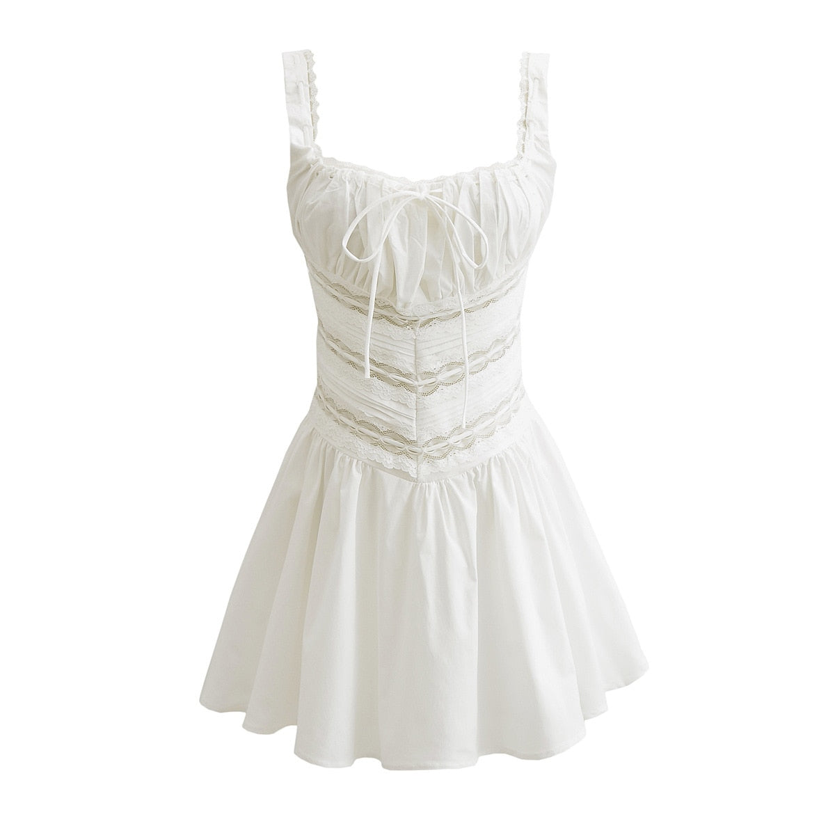 Lizakosht Women Hourse Strappy Sleeveless Square Neck Summer Tiffani White Lace Trim Mini A-line Dress