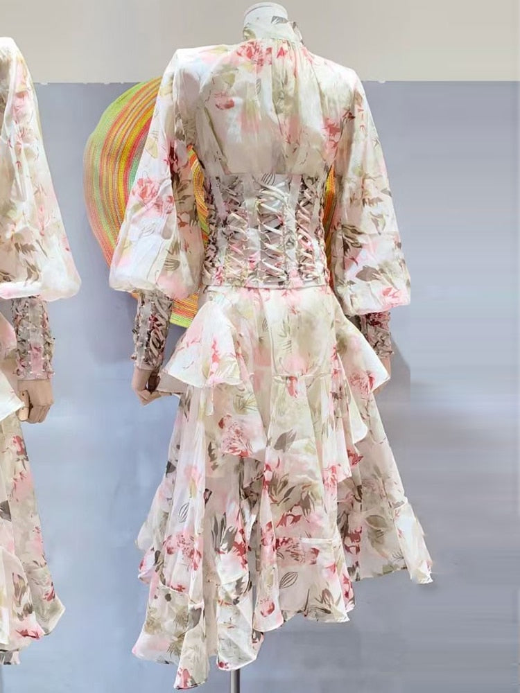 Lizakosht Designer's vintage print button-up long-sleeved dress Women's new fall fashion luxury loose peplum irregular pompadour dress