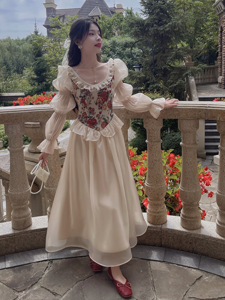 Lizakosht French Vintage Jacquard Floral Fairy Dress For Slim Women Romantic Chic Puff Sleeve Elegant Princess Dresses Vestido Festa