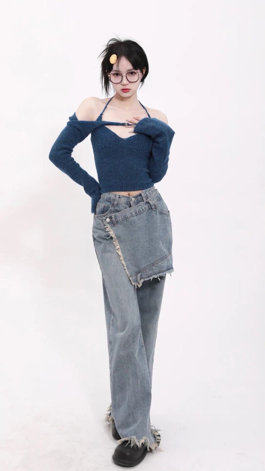 Feiernan Vintage Women Pants Y2k Patchwork Low Waist Denim Jeans Blue Full Length Trousers Spliced Oversized Wide Leg Bottoms