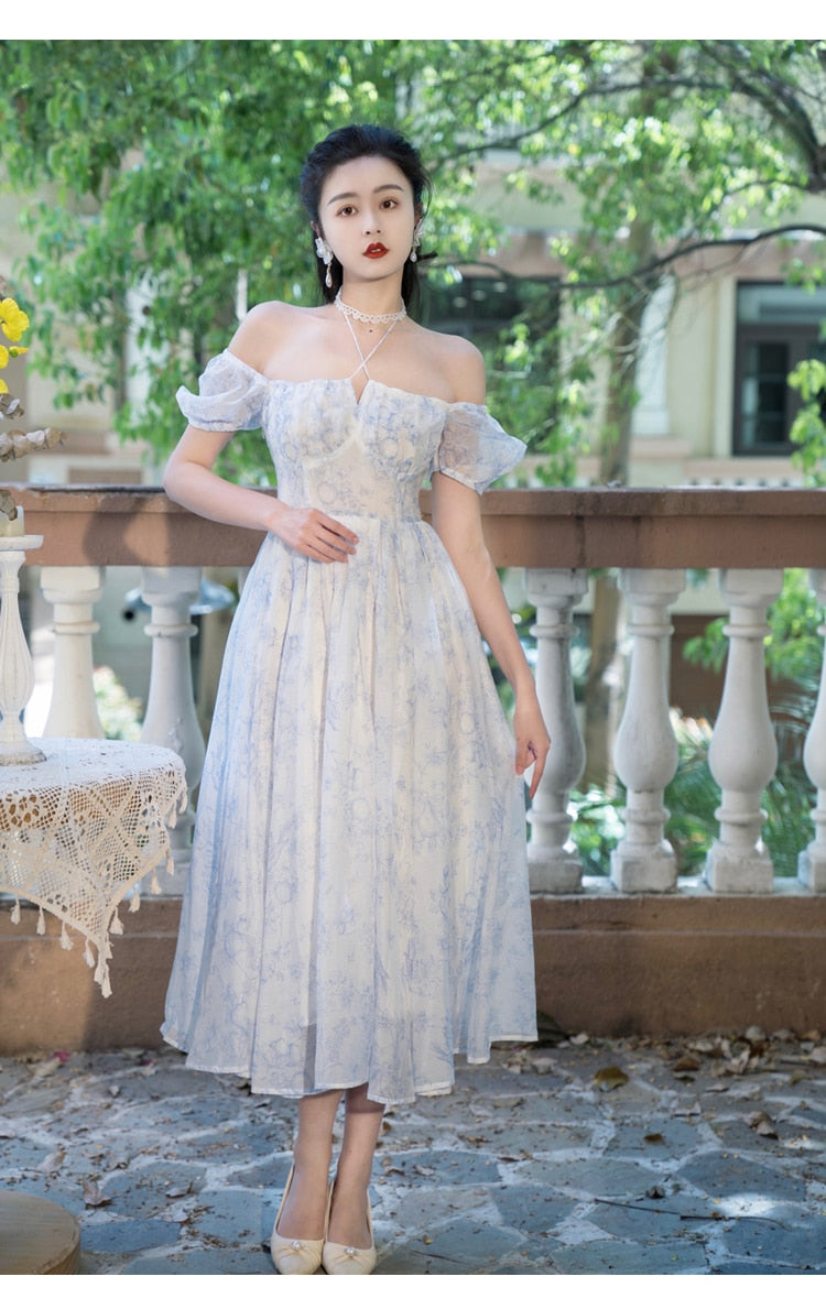 Lizakosht Summer Woman Chiffon Dress Romantic Vintage Print Off Shoulder Neck Mounted Sexy Party Night Dresses Lady Vestido Festa