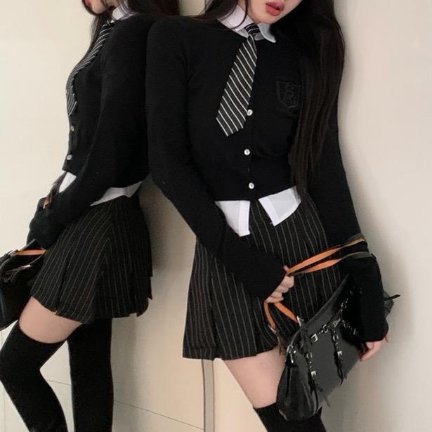 Vintage Preppy Style Striped Pleated Skirt Women Sexy Cute Korean Fashion High Waist Y2K 90s A-line Black Mini Skirts