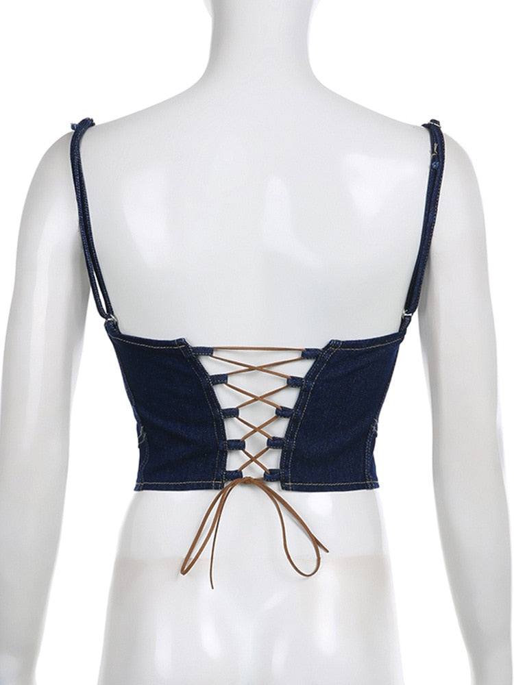 Lizakosht Harajuku Denim Camisoles Women Summer Single-Breasted Vest Tank Tops Lace Up Back Punk Vest Streetwear Jeans Cropped Tops
