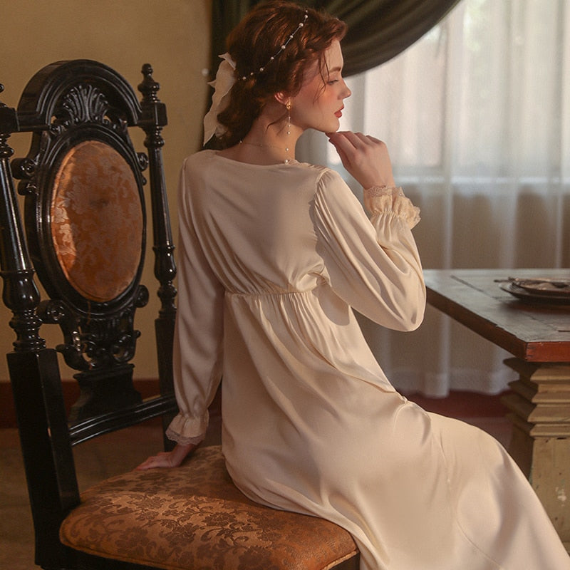 Lizakosht Lingerie Nightdress Solid Color Long Pajamas Comfortable Sweet Lace Long Sleeve Women Homewear Underwear Casual V-Neck Nightgown