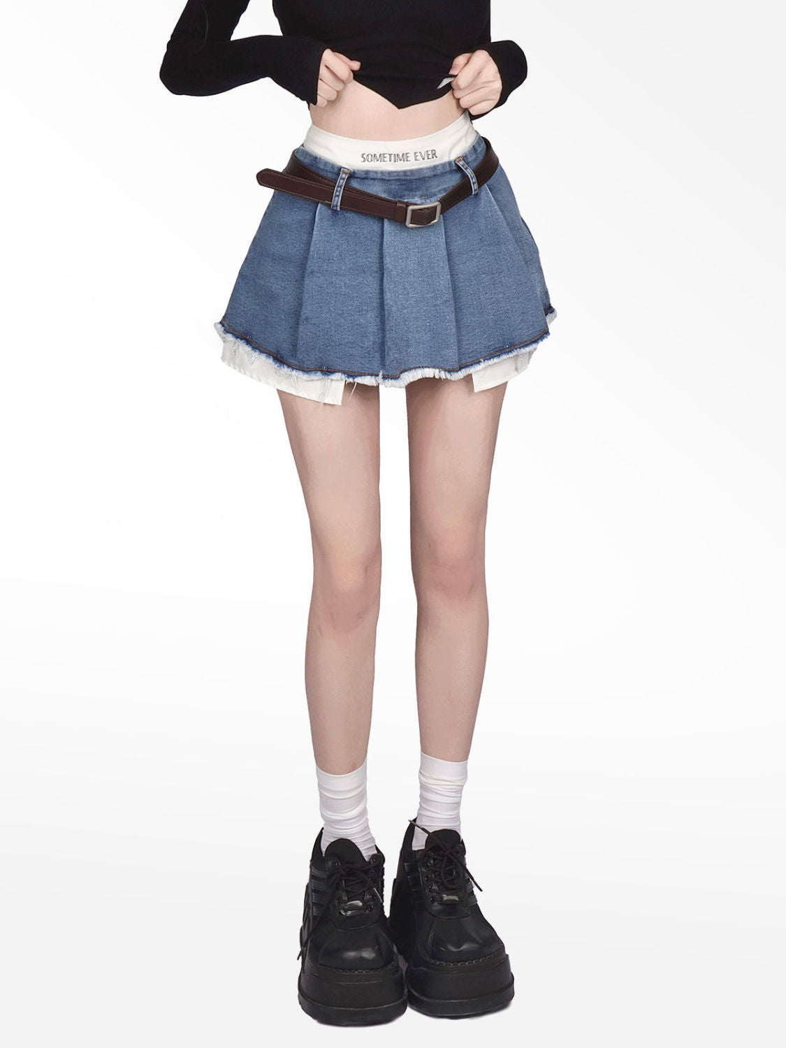 HOUZHOU Sexy Korean Denim Micro Skirt Women Summer Y2K High Waist Irregular Patchwork Fake Two-piece Belt Mini Skirt Streetwear