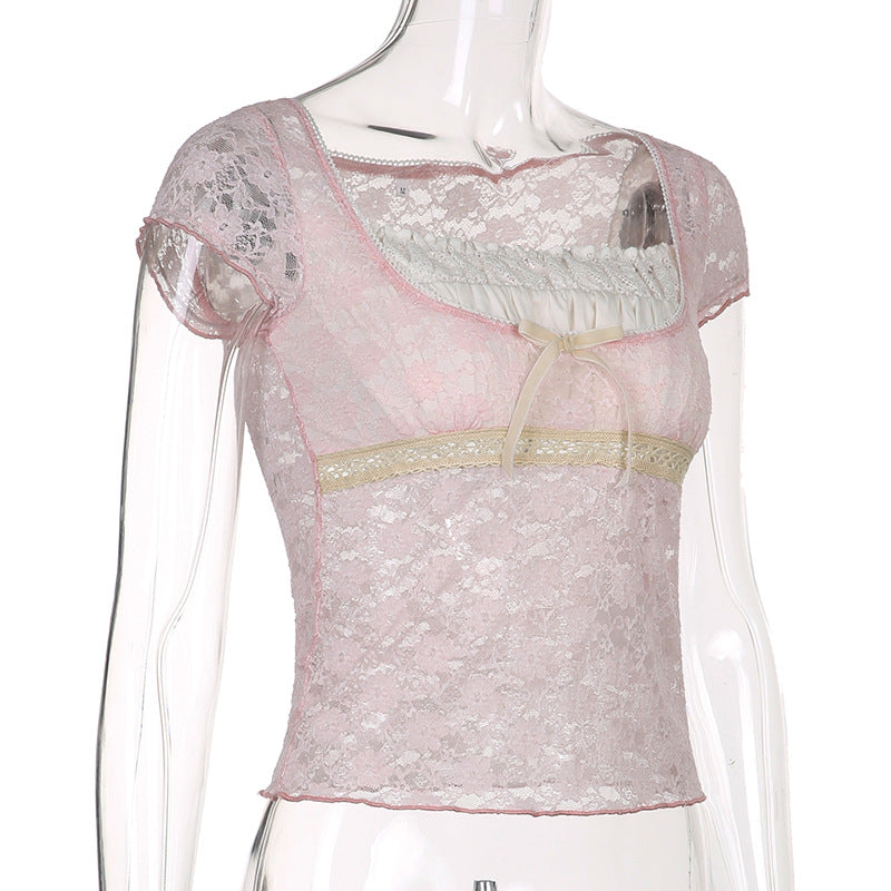 Lizakosht Women's T-Shirt Sweet Girly Pink Lace Splicing Pullover Short Top French Square Neck Tie Slim Fit