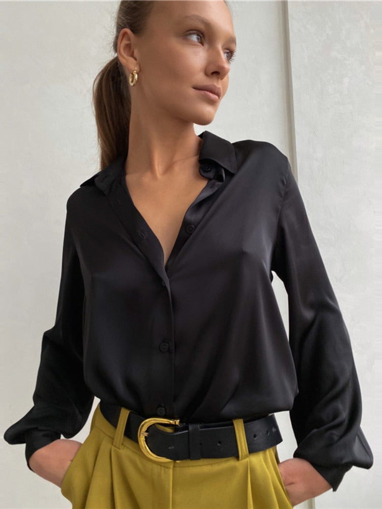 Lizakosht  Satin Shirt Spring and Summer Long Sleeve Temperament Shirt Lapel  Woman Button Up Shirt Long Sleeve Blouse Shirts Women Shirts
