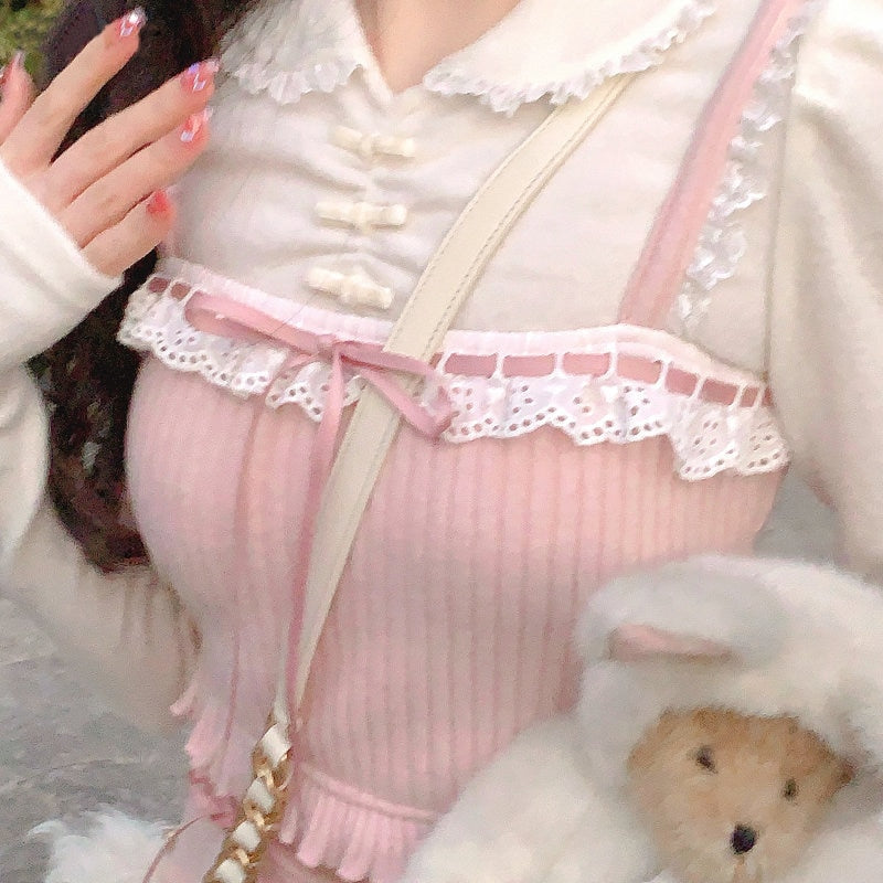 Lizakosht Pink Lolita Crop Tops Bow Slim Tanks Vest Korean Girls Kawaii Sleeveless Shirts Women Sweet Lace Ruffles Knitted Camis Summer