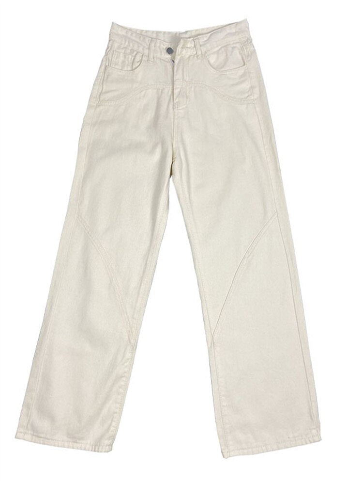 Lizakosht New Casual Rice White Straight Jeans Harajuku Solid Color Fashion Joker Vibe Wind Pants Summer Women's Vintage Y2k Clothing