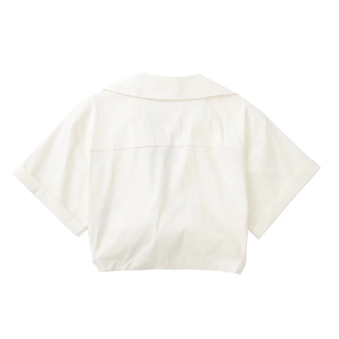 Lizakosht Pockets Turn Down Collar Shirt Crop Top Cotton Linen White High Fashion Blusa Mujer Loose Casual Summer Spring Blouse