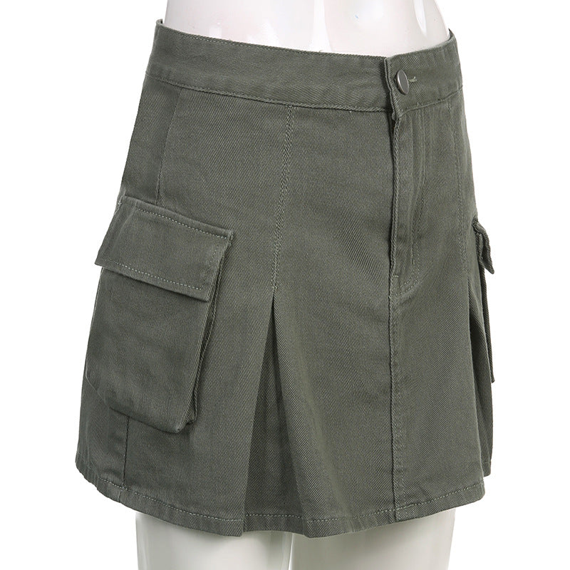 HOUZHOU Vintage Pocket Denim Cargo Skirt Women Korean Preppy Style High Waist Solid A-line Casual Pleated Mini Skirt Y2K E Girl