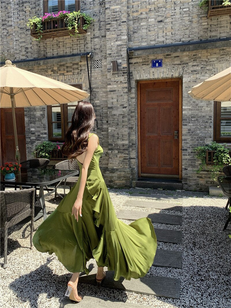Lizakosht Imitation Acetate Satin Suspender Dress Long Dress Summer Mermaid Tail Large Hem Ruffled Holiday Dress