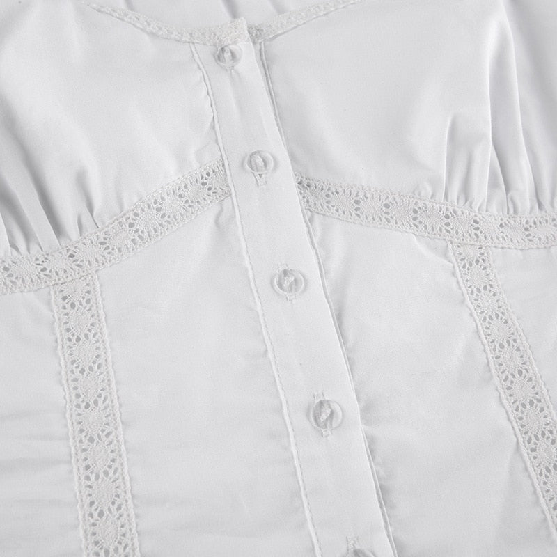 White Sexy Lace Women's T-Shirt Top Fashion Puff Sleeve Cardigan Shirt Slim Casual Short Sleeve Ladies Blouse Spring New