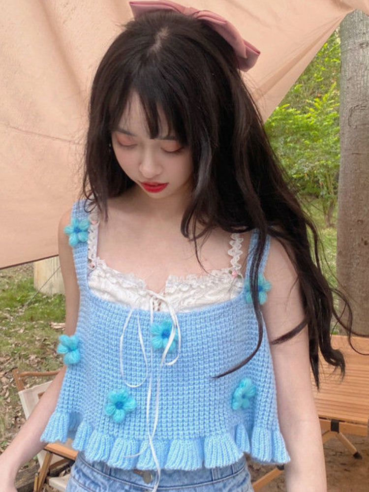 Japanese Kawaii Sweet Tank Top Women Blue Floral France Elegant Cute Tanks Female Casual Korean College Style Vset Summer 2022