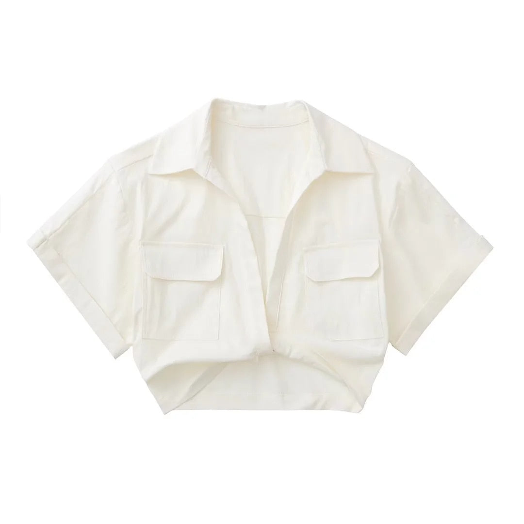 Lizakosht Pockets Turn Down Collar Shirt Crop Top Cotton Linen White High Fashion Blusa Mujer Loose Casual Summer Spring Blouse