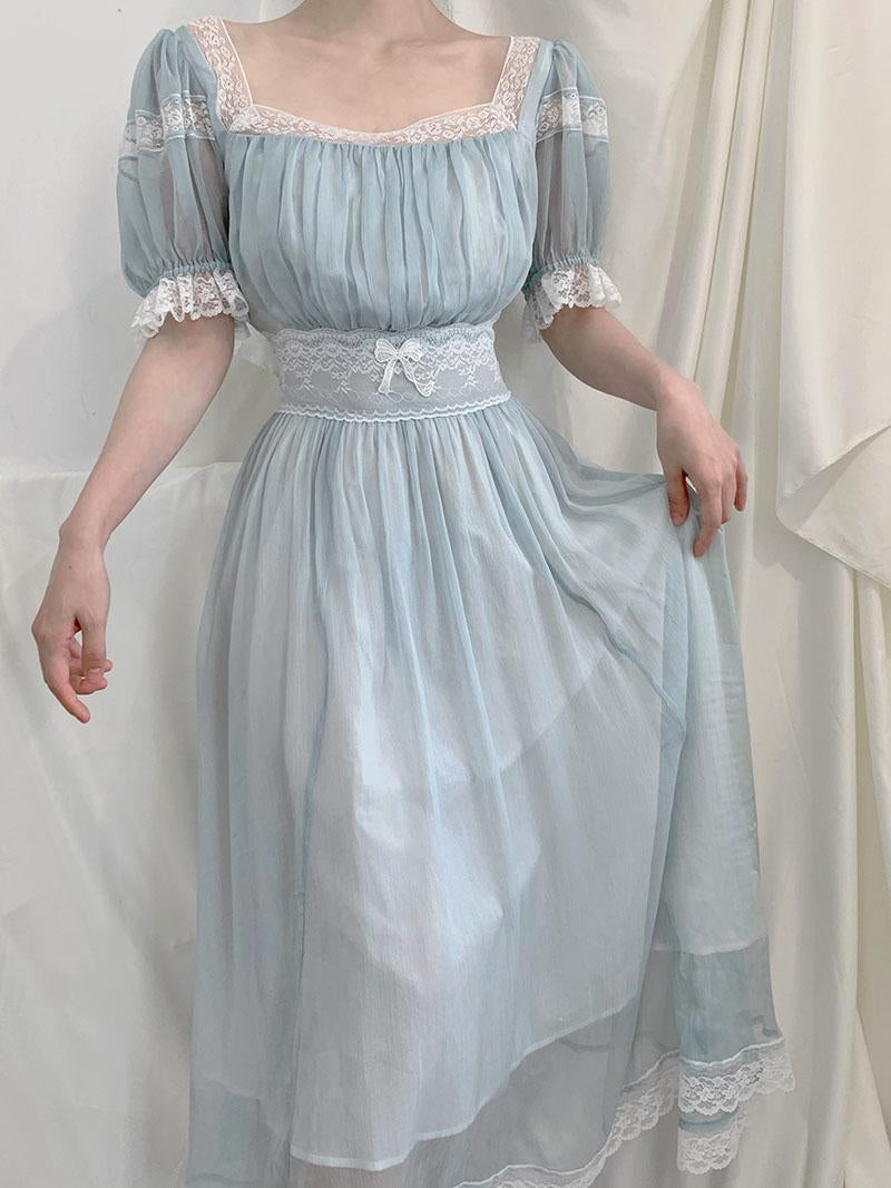 Fairy Party Dress Women Summer Vintage Blue Lace Meash Princess Dress Kawaii Lolita Elegant Casual One Piece Vestido