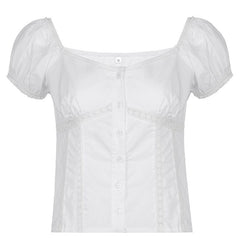 White Sexy Lace Women's T-Shirt Top Fashion Puff Sleeve Cardigan Shirt Slim Casual Short Sleeve Ladies Blouse Spring New
